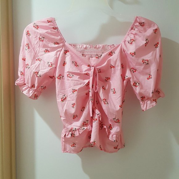 pink puff sleeve sweetheart neck floral print ruched smocked fairycore crop top - Picture 1 of 5